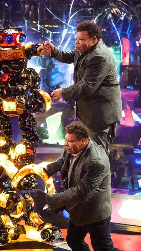 Prompt: craig charles engaged in hand to hand combat with one of the robots on robot wars uk