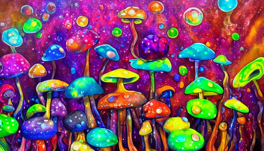 Prompt: trippy mushrooms, sweet dreams, painting on canvas, watedrops, water droplets, acrylic painting, acrylic pouring, painting, influencer, artstation - h 8 0 0