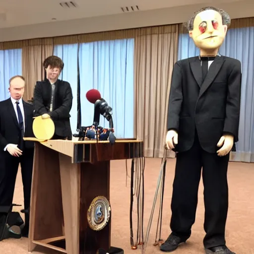 Image similar to president marionette with puppeteer in a podium giving a press conference