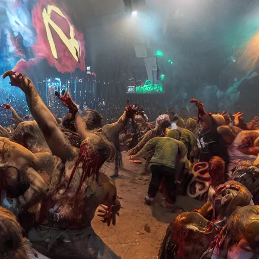 Image similar to abstract mosh pit, slam dancing creatures, circle pit demons, violent zombie dance, violent protest, war photography, high detail, 4 k