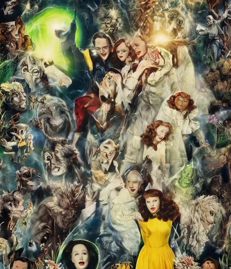 Prompt: Beautiful Fantasy Movie Poster made for the film The Wizard of Oz (1941) starring Taylor Swift and Mark Zuckerberg, minimalist oil paint and ink and photograph collage by Man Ray and Marcel Duchamp , Vivid color trending on artstation Cinematic lighting collage!! 8k