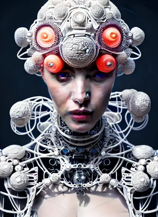 Image similar to portrait of an absurdly beautiful, graceful, sophisticated, fashionable cyberpunk mechanoid, hyperdetailed illustration by irakli nadar and alexandre ferra, intricate linework, white porcelain skin, faberge, coral headdress, unreal engine 5 highly rendered, global illumination, radiant light, detailed and intricate environment