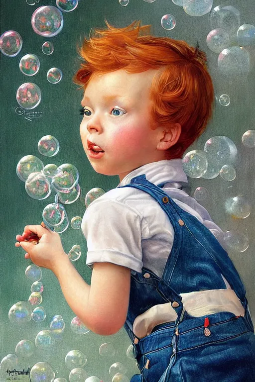 Prompt: a little boy with very short ginger hair wearing denim overalls chasing bubbles. clean elegant painting, beautiful detailed face, lots of bubbles. by norman rockwell and artgerm and greg rutkowski
