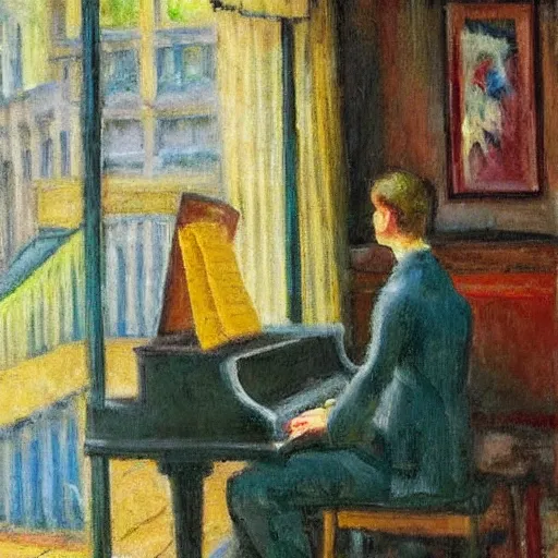 Image similar to a person playing the piano in a cafe on a rainy day, impressionist art