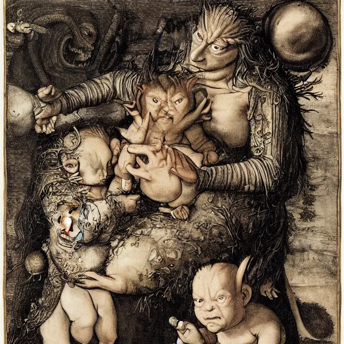Prompt: a goblin monster mother and a baby, by Hans Holbein the Younger