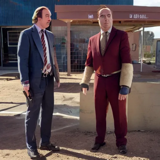 Image similar to saul goodman with down syndrome on the set of better call saul