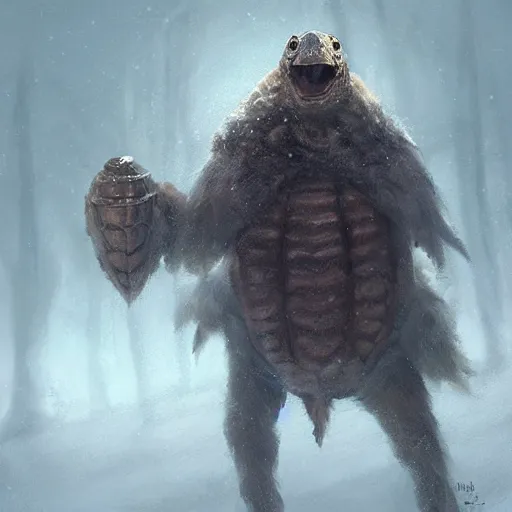 Image similar to anthropomorphic turtle humanoid, carapace, greg rutkowski, blizzard, winter, night, furs, fantasy