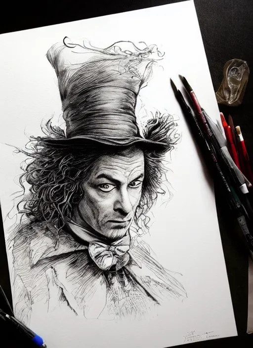 Image similar to portrait, The Mad Hatter, watercolor, dramatic lighting, cinematic, establishing shot, extremly high detail, foto realistic, cinematic lighting, pen and ink, intricate line drawings, by Yoshitaka Amano, Ruan Jia, Kentaro Miura, Artgerm, post processed, concept art, artstation, matte painting, style by eddie mendoza, raphael lacoste, alex ross