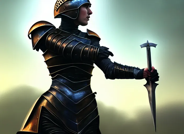 Image similar to landscape of a future city, a young english woman between the ages of 2 0 - 2 5 years, wearing armor and pointing a dagger, wearing a face full of anger. fine art, modern realism, sharp focus, good lighting, trending on artstation, trending on tiktok, smooth drawing, elegant, authoritative, without anomalies.