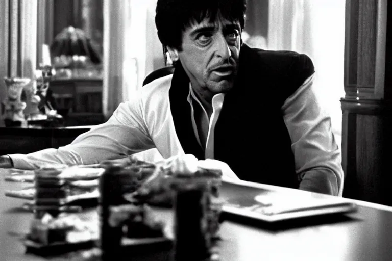 Image similar to tony montana from movie scarface 1 9 8 3 sitting behind a big black oak table with big large packages of flour. next to the night window. al pacino. perfect symmetric face, coherent eyes,, fine details, 4 k, ron cobb, cinestill