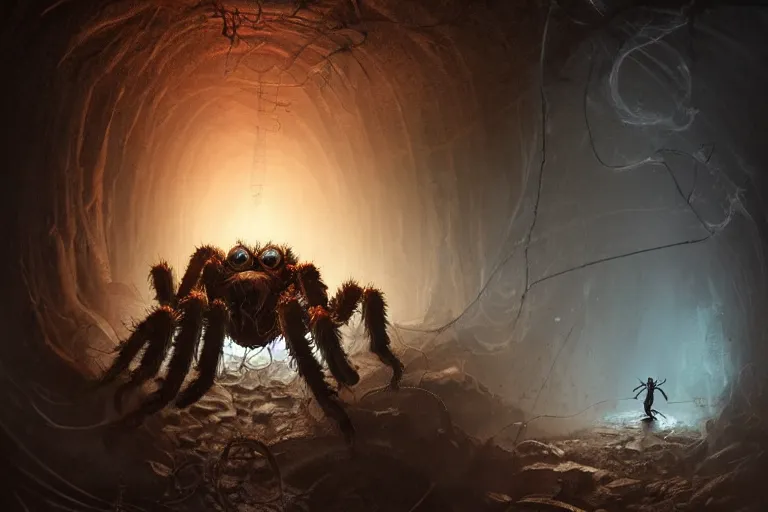 Image similar to a close - up view of a monstrous tarantula in a dark foreboding tunnel, with cobwebs, one man exploring, in the style of peter mohrbacher, dramatic lighting, atmospheric, low angle, wide angle, hyper - realistic, concept art, highly detailed digital painting, trending on artstation