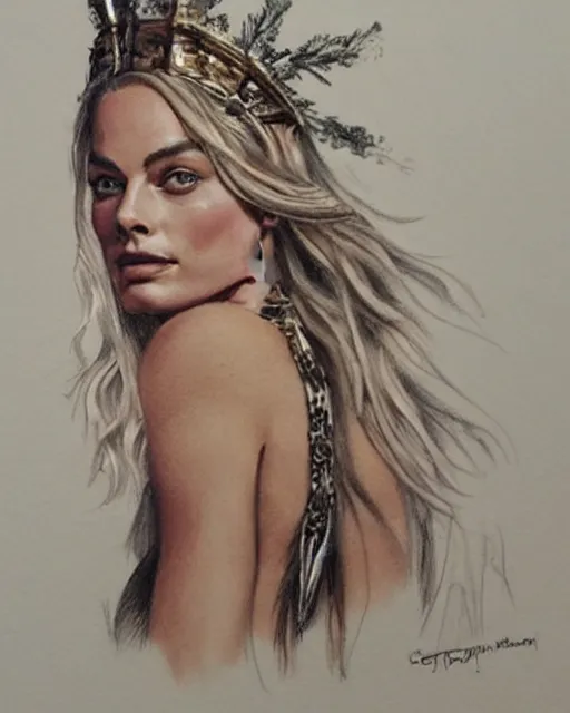 Image similar to realism tattoo sketch of margot robbie as a beautiful greek goddess aphrodite with piercing eyes wearing a laurel wreath and triangle earrings, in the style of greg rutkowski, amazing detail