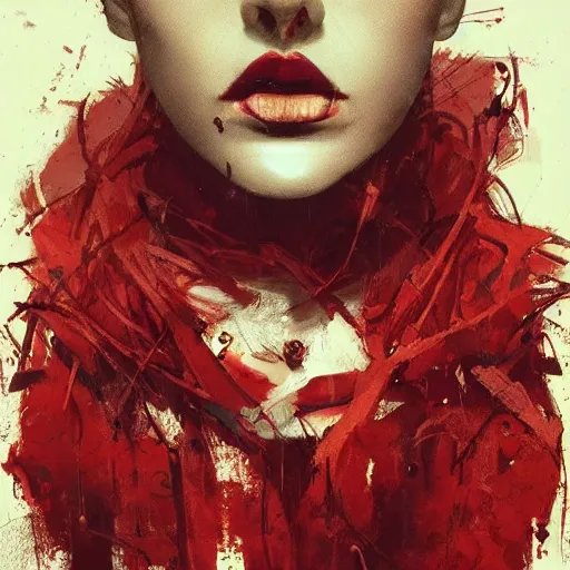 Prompt: lips sewn shut surrounded by red curtains by Conrad Roset and Nicola Samuri, close-up shot, rule of thirds, seductive look, beautiful, intricate, dystopian, sci-fi, extremely detailed, digital painting, artstation, concept art, smooth, sharp focus, illustration, intimidating lighting, incredible art, details visible, very dark ambiance