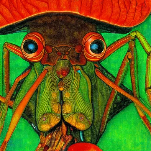 Prompt: detailed close up portrait of an exotic colorful praying mantis face by gustav klimt