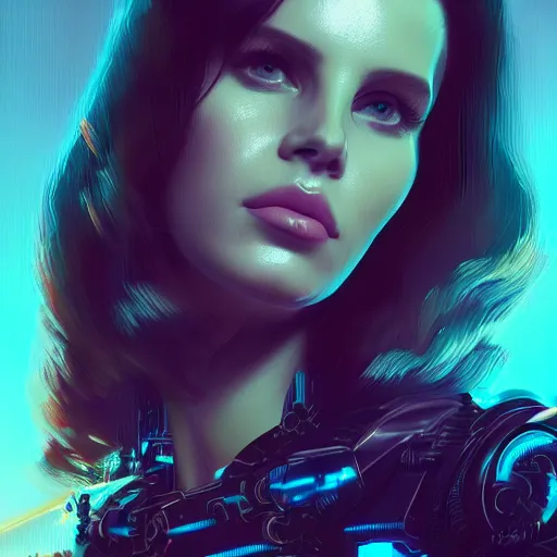 Image similar to portrait of lana del rey as a cyborg. intricate abstract. intricate artwork cyberpunk by tooth wu, wlop, beeple, dan mumford. octane render, trending on artstation, greg rutkowski ruan jia, cinematic, hyper realism, unreal 4, high detail, octane render, 8 k, key art, iridescent accents