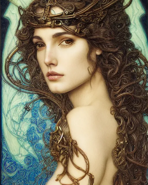 Image similar to in the style of beautiful gal gadot, steampunk, detailed and intricate by jean delville, gustave dore and marco mazzoni, art nouveau, symbolist, visionary, gothic, pre - raphaelite