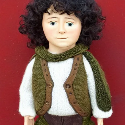 Image similar to pudgy british lad with short curly dark brown hair as a hobbit wearing a white men's crossbody sling chest bag and blue vest