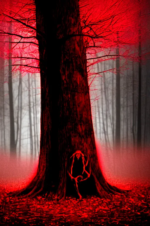 Prompt: a demon inside a red tree, black eyes, creepy