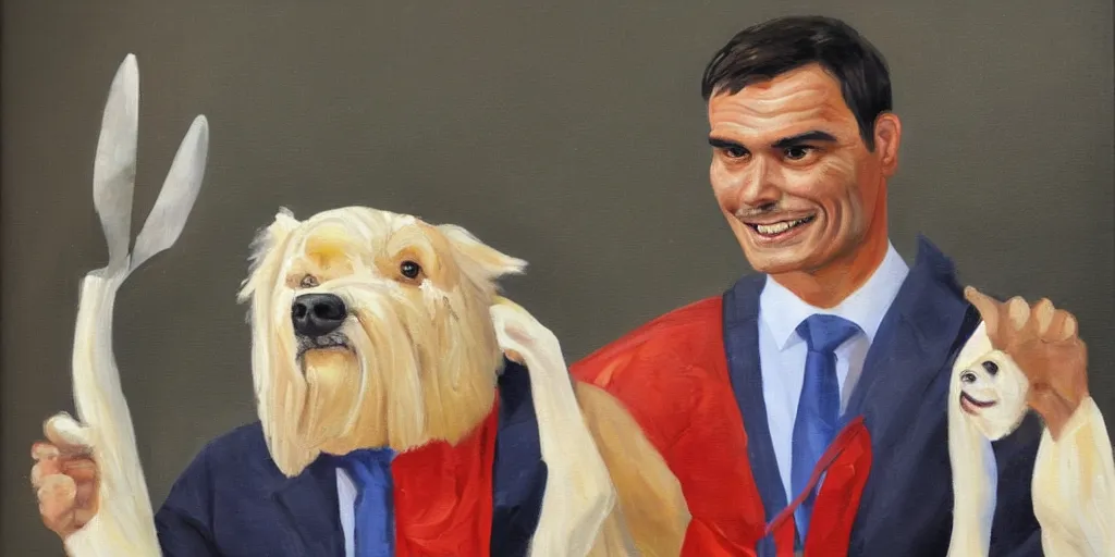 Image similar to Spanish politician Pedro Sanchez as anthropomorphic dog, oil painting