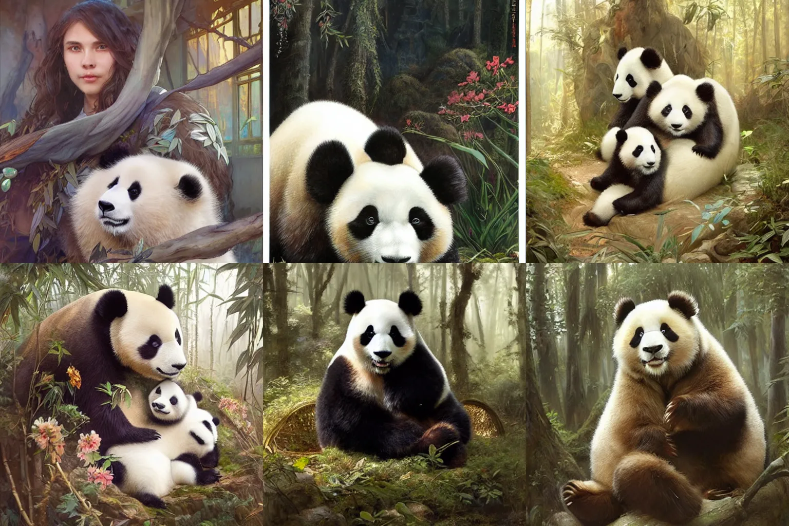Prompt: a magical land where stuffed pandas reside and torture young caucasian men with brown hair and blue eyes, hyperrealism, highly detailed, intricate, art by artgerm, greg rutkowski, alphonse mucha