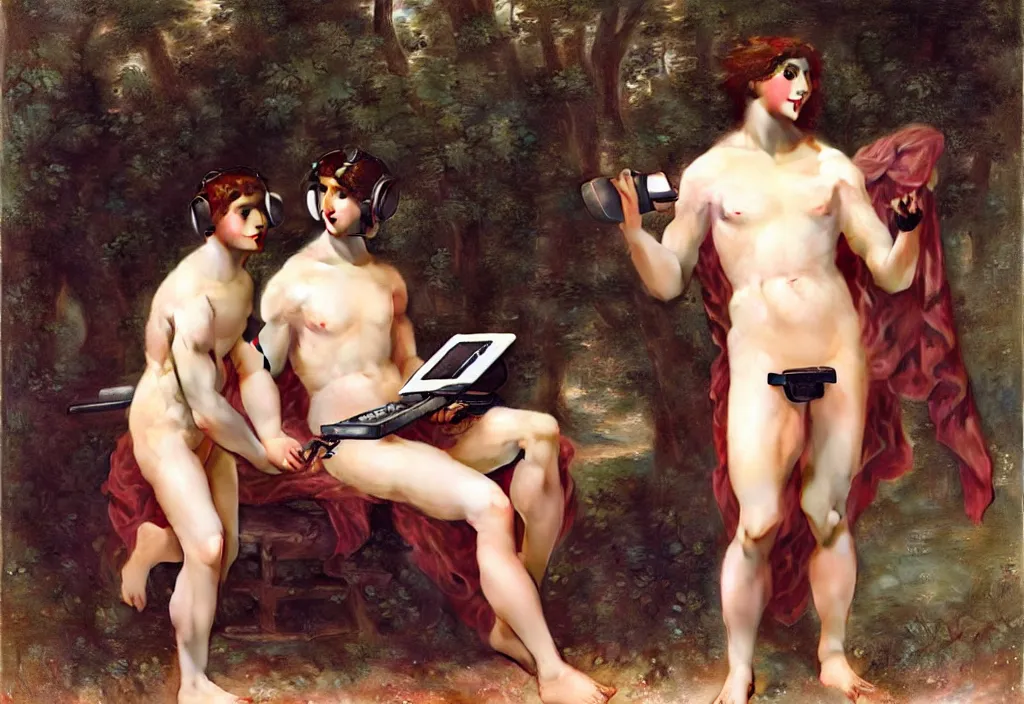 Image similar to pre-Raphaelite male muscular athletic gamers wearing headsets and playing video-games on laptops playstation5 x-box and PC by Bouguereau