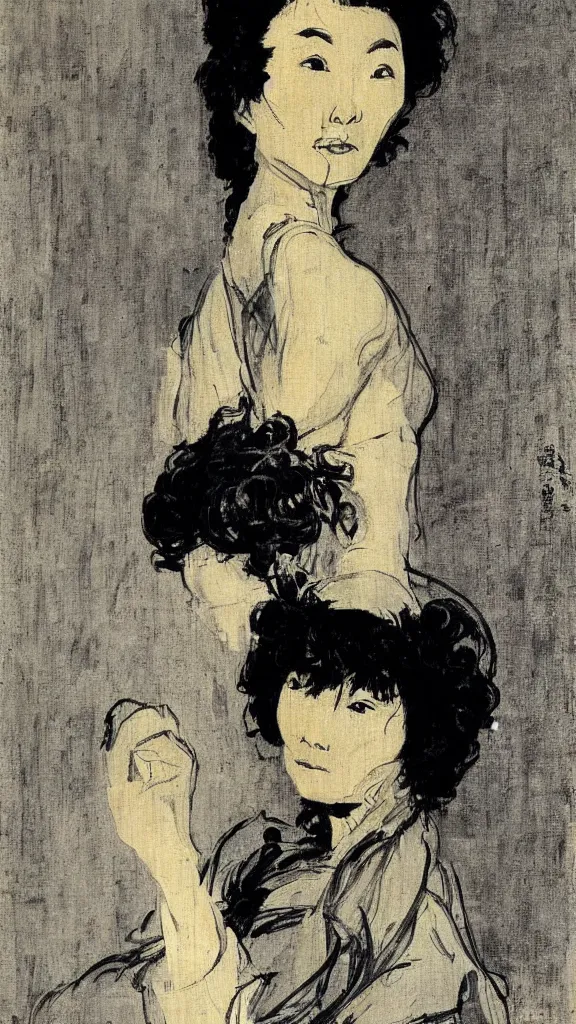 Prompt: Maggie Cheung, portrait en buste, by Henri Tolouse-Lautrec