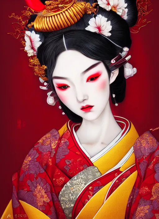 Image similar to dreamlike luxury stunning oiran portrait, red and gold kimono, art by artgerm, wlop, loish, ilya kuvshinov, 8 k realistic, hyperdetailed, beautiful lighting, detailed background, depth of field, symmetrical face, frostbite 3 engine, cryengine,