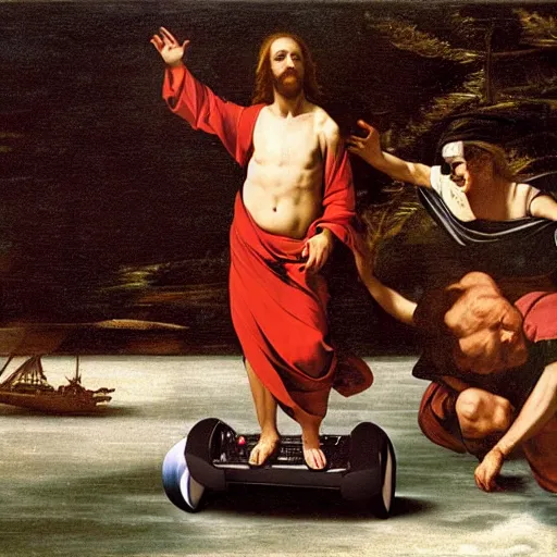 Image similar to Jesus Christ riding a hoverboard across water ,Caravaggio