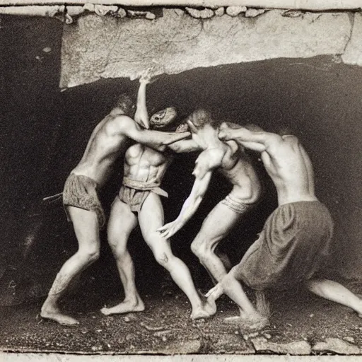 Image similar to brutal spartan men fistfighting in pit, sparta, daguerreotype photograph, ancient photograph