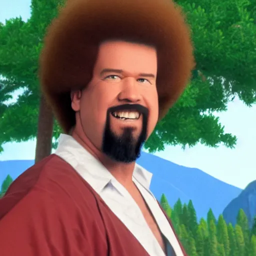 Image similar to a closeup photorealistic photograph of bob ross as kenny powers. mountains and trees. film still. brightly lit scene. this 4 k hd image is trending on artstation, featured on behance, well - rendered, extra crisp, features intricate detail, epic composition and the style of unreal engine.