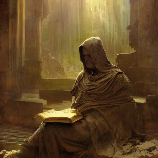 Image similar to half portait of magican wearing a closed cowl holding a big old book! chained!!! to his wrist, jeremy mann, jean leon gerome, alphonse mucha, greg rutkowski, hood covers his eyes, ( ( ruins of ancient rome ) ), at dusk, mysterious atmosphere, sunrays, dof, masterpiece, high detailed, 8 k