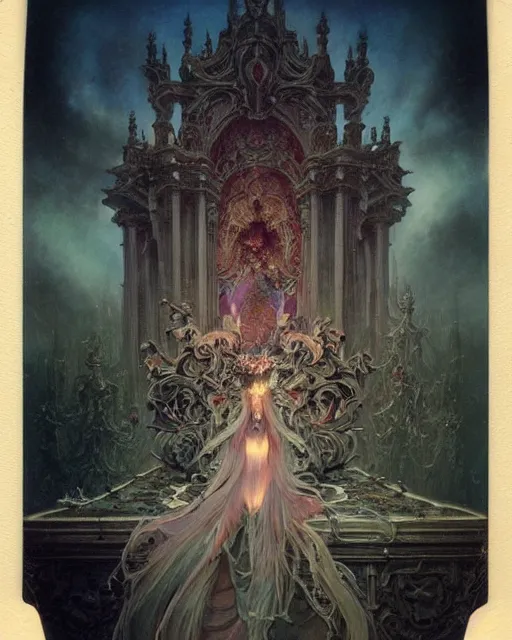 Image similar to a beautiful detailed front view of a dead rotten princess growing ornate baroque, ornamentation, elegant, beautifully soft lit, by wayne barlowe, peter mohrbacher, kelly mckernan, polaroid photography