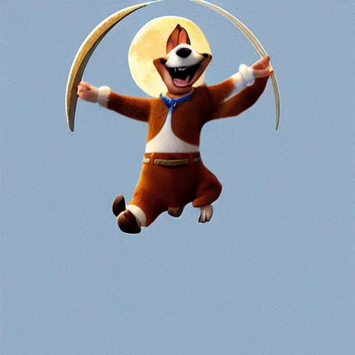 Image similar to cute pixar jack russel terrier, jumping over the smiling moon, concept art, pixar, disney studios, dreamworks animation