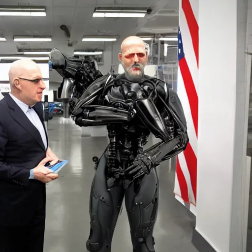 Prompt: press photography of the Terminator T-800 making a deal with the ceo of Darpa,