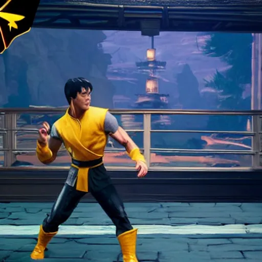 Prompt: gameplay screenshot of bruce lee vs donald duck in mortal kombat 1 1,