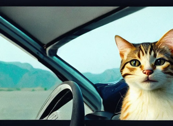 Image similar to A very high resolution image from a new movie, a cat driving a car around, inside of a car , mountains, Polaroid, directed by wes anderson