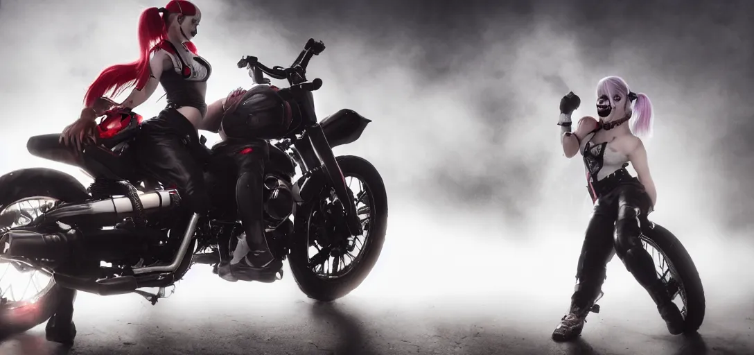 Image similar to real-life Harley Quinn riding a motorcycle holding a baseball bat, cinematic, Low angle, atmospheric fog and lighting