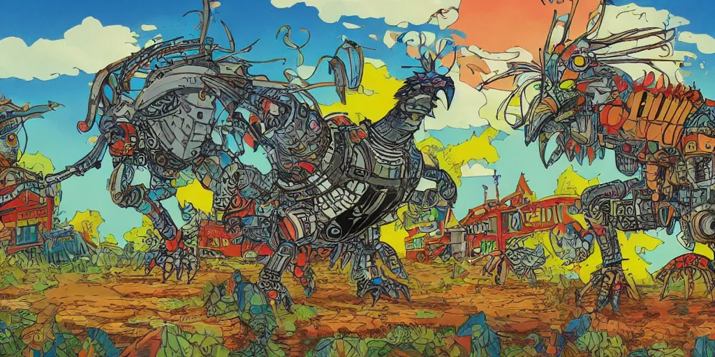 Prompt: colorful illustration of a fully armoured mechanical fighting rooster kaiju in a farm, mix of styles, dieselpunk, tekkonkinkreet color scheme, detailed