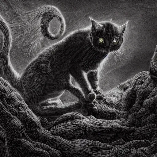 Prompt: photorealistic rendering of eldritch demon cat in the style of michael whelan, gustave dore, and stefan koidl. hyperdetailed photorealism, 1 0 8 megapixels, cinematic lighting.