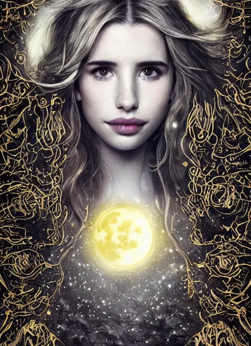 Image similar to glowing silver and golden elements, full close-up portrait, Emma Roberts as a dark witch in front of the full big moon, book cover, green forest, red white black colors, establishing shot, extremly high detail, foto realistic, cinematic lighting, pen and ink, intricate line drawings, by Yoshitaka Amano, Ruan Jia, Kentaro Miura, Artgerm, post processed, concept art, artstation, matte painting, style by eddie, raphael lacoste, alex ross