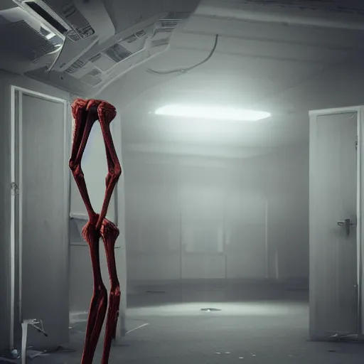 Image similar to an tall skinny creature with long legs and long arms, and long neck standing in a space station abandoned room, 4 k, photography, realistic, detailed,
