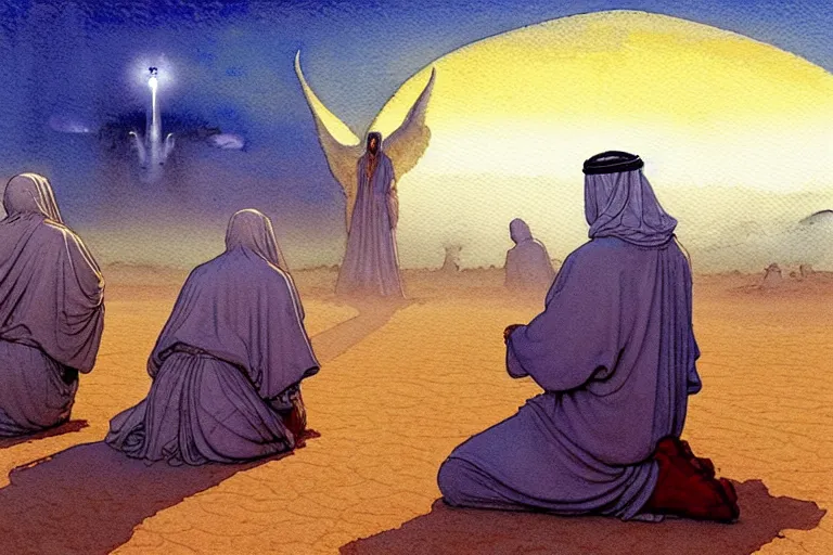 Image similar to a hyperrealist watercolour character concept art portrait of a group of middle eastern men kneeling down in prayer in front of a giant angel on a misty night in the desert. a ufo is in the background. by rebecca guay, michael kaluta, charles vess and jean moebius giraud