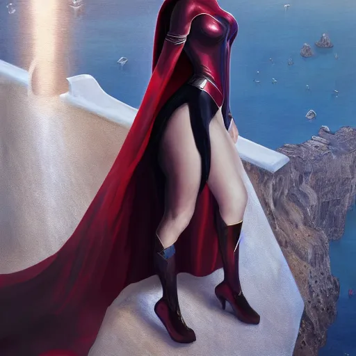 Image similar to portrait of modern darna, elle fanning in santorini as scarlett witch in prey, intricate, elegant, dark vibes, highly detailed, digital painting, artstation, glamor pose, concept art, smooth, sharp focus, illustration, art by wlop, mars ravelo and greg rutkowski