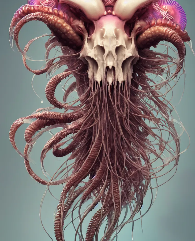 Image similar to goddess close-up portrait ram skull. jellyfish phoenix head, nautilus, orchid, skull, betta fish, bioluminiscent creatures, intricate artwork by Tooth Wu and wlop and beeple. octane render, trending on artstation, greg rutkowski very coherent symmetrical artwork. cinematic, hyper realism, high detail, octane render, 8k