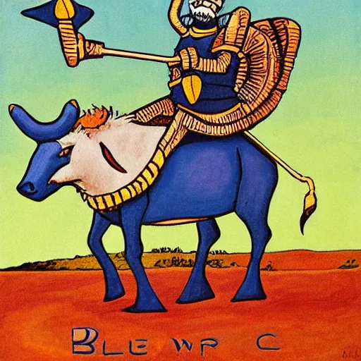 Image similar to blue ox, rider - waite art style, tarot card