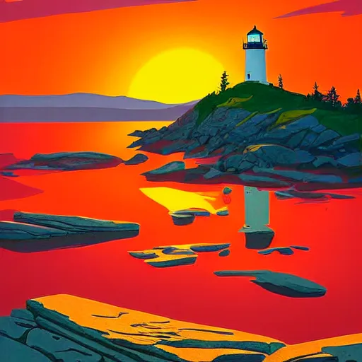 Prompt: Bass Harbor Head Lighthouse Acadia National Park at sunset by Ed Mell