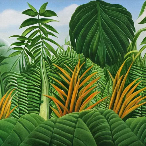 Image similar to a henri rousseau painting of a sustainable datacenter with servers bundled up in tropical vegetation.