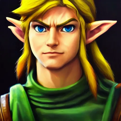 Image similar to An ultra-realistic portrait painting of Link from The Legend of Zelda in the style of Alex Ross. 4K. Ultra-realistic. Highly detailed. Epic lighting.