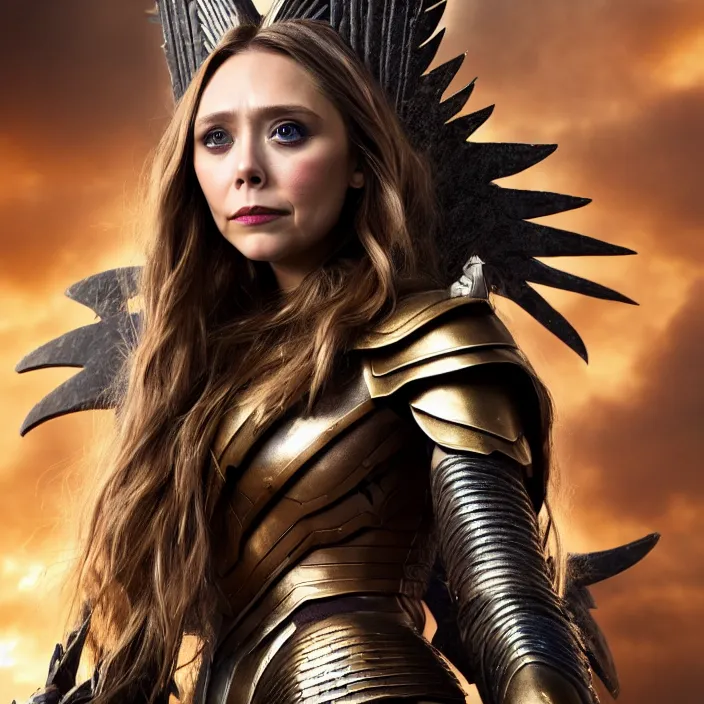 Image similar to professional full length photograph of elizabeth olsen as a valkyrie warrior. Extremely detailed. 8k