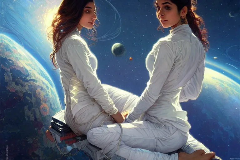 Image similar to Sensual good looking pale young Indian doctors wearing jeans in a space station above Earth, portrait, elegant, intricate, digital painting, artstation, concept art, smooth, sharp focus, illustration, art by artgerm and greg rutkowski and alphonse mucha